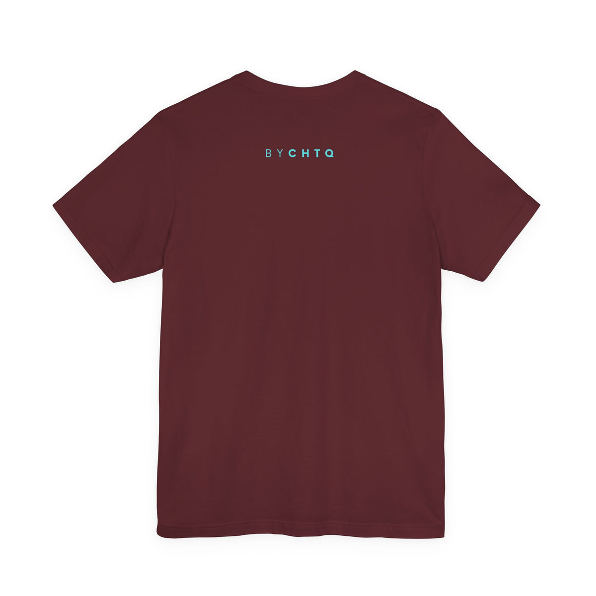 A maroon short-sleeve crewneck T-shirt shown from the back, featuring a small 'BY CHTQ' detail below the neckline, against a neutral studio background.