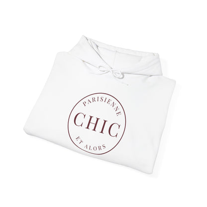 A folded white hoodie with a circular burgundy graphic on the front that reads 'PARISIENNE CHIC ET ALORS', shown on a clean white background.
