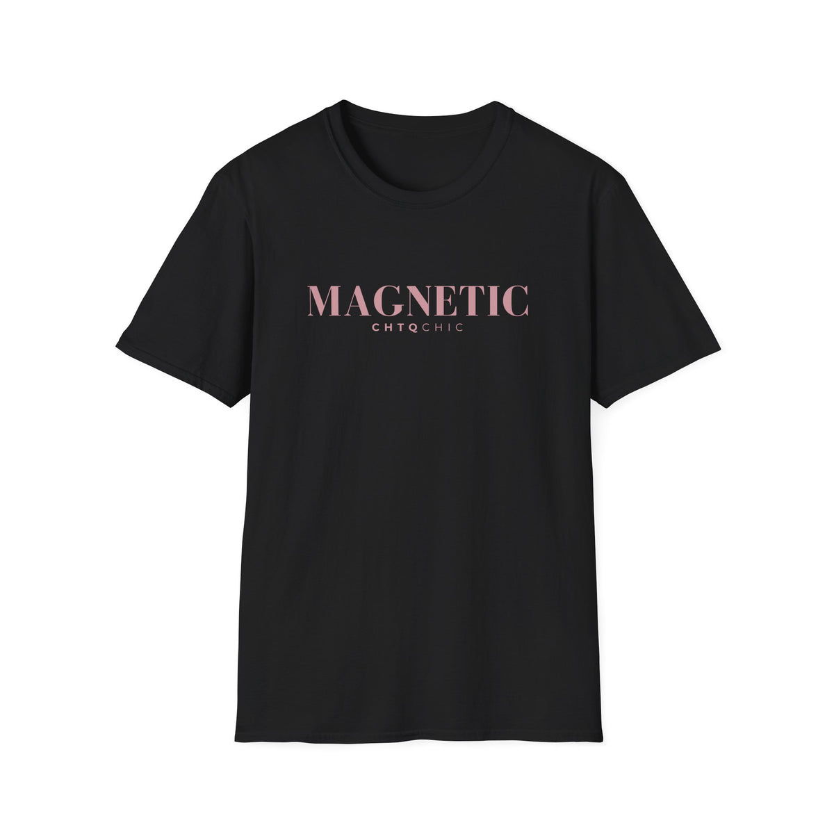 A black short-sleeve graphic T-shirt featuring pink 'MAGNETIC' text with smaller 'CHTQ CHIC' lettering underneath, displayed against a clean white background.