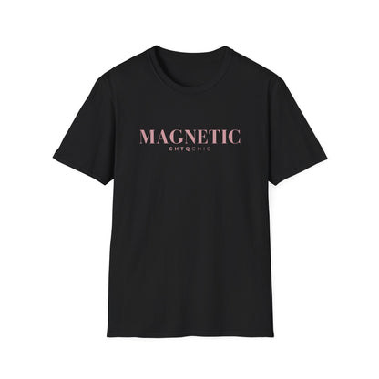 A black short-sleeve graphic T-shirt featuring pink 'MAGNETIC' text with smaller 'CHTQ CHIC' lettering underneath, displayed against a clean white background.