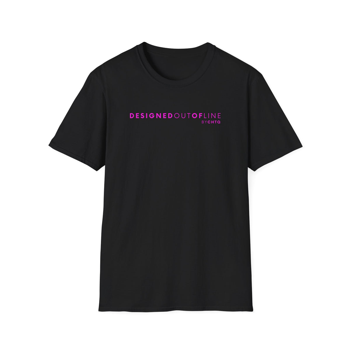 Black short-sleeve T-shirt with “DESIGNED OUT OF LINE” and “BY CHTQ” printed on the front, displayed against a clean white background.