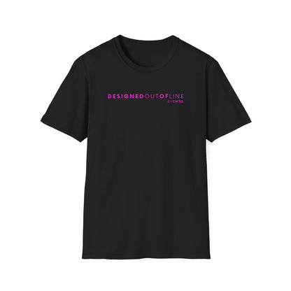 Black short-sleeve T-shirt with “DESIGNED OUT OF LINE” and “BY CHTQ” printed on the front, displayed against a clean white background.