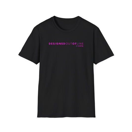 Black short-sleeve T-shirt with “DESIGNED OUT OF LINE” and “BY CHTQ” printed on the front, displayed against a clean white background.