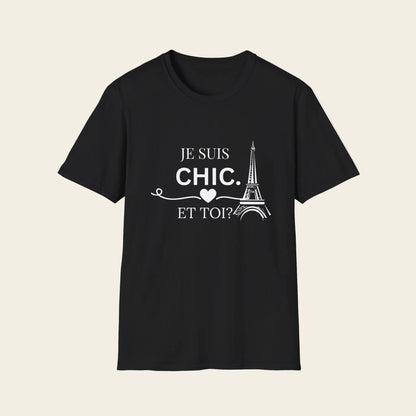 Black t-shirt with text 'Je Suis Chic. Et toi?'