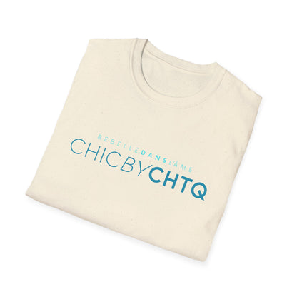 A beige short-sleeve crewneck T-shirt featuring turquoise “CHIC BY CHTQ” text with “REBELLE DANS L’ÂME” above, displayed against a clean white background.