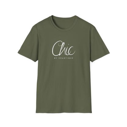Chic by Chaotique graphic T-shirt in military green with elegant white Chic script lettering on the front.
