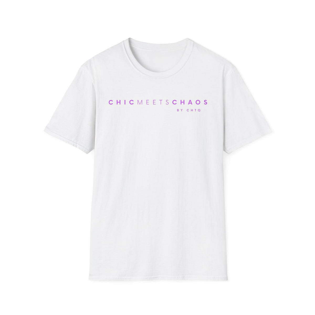 White CHICMEETSCHAOS graphic T-shirt with purple typography and BY CHTQ detail on the chest.