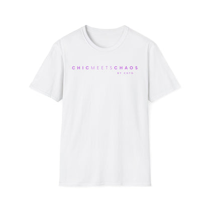 White CHICMEETSCHAOS graphic T-shirt with purple typography and BY CHTQ detail on the chest.