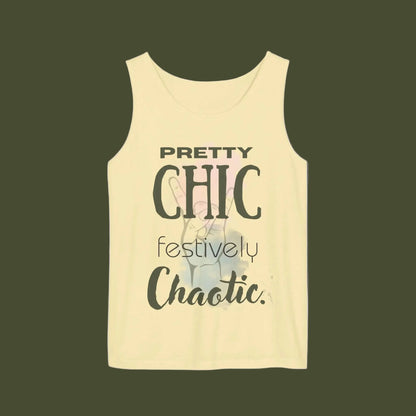 Yellow tank top with text 'Pretty chic festively chaotic´