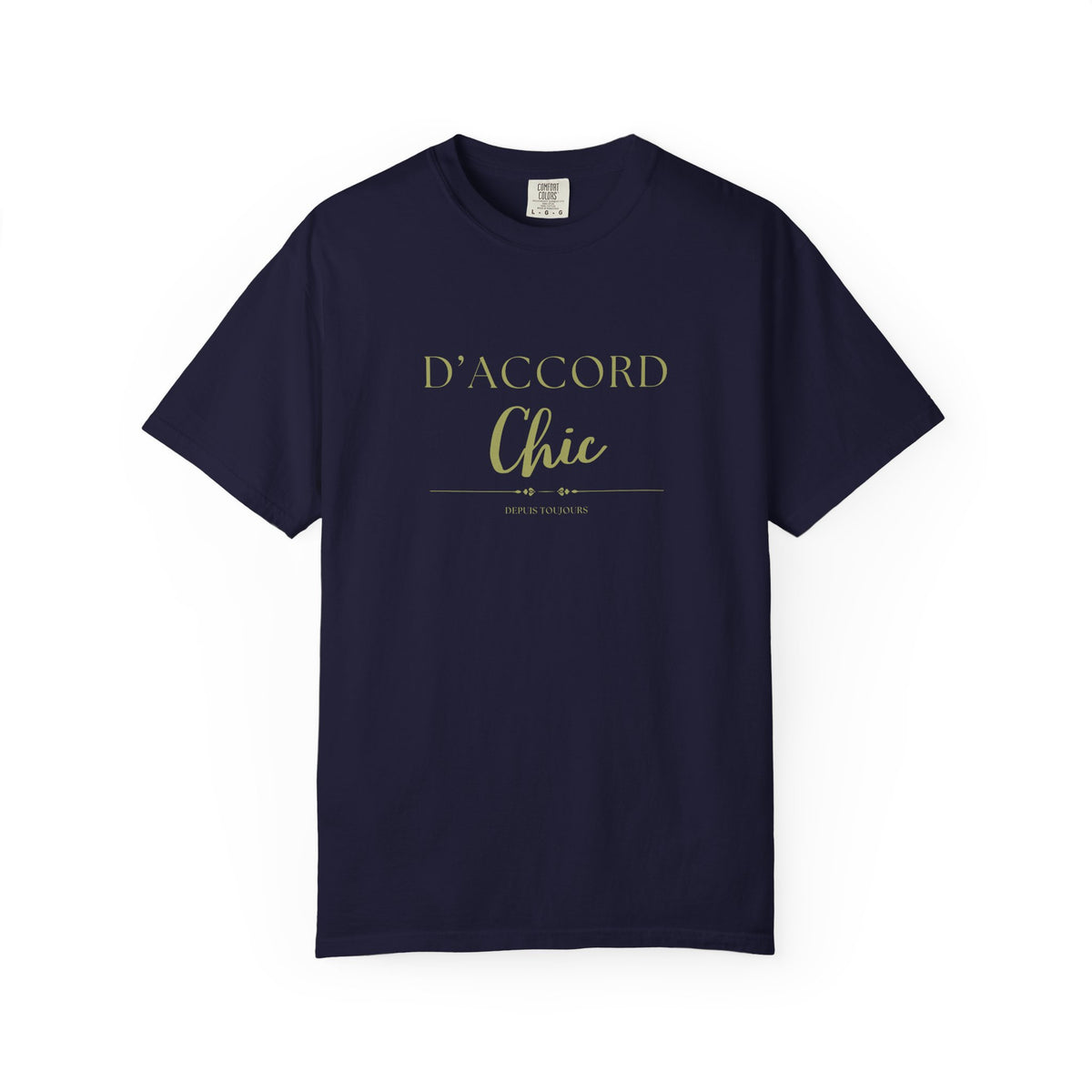 Navy blue t-shirt with a decorative cross design on a white background
