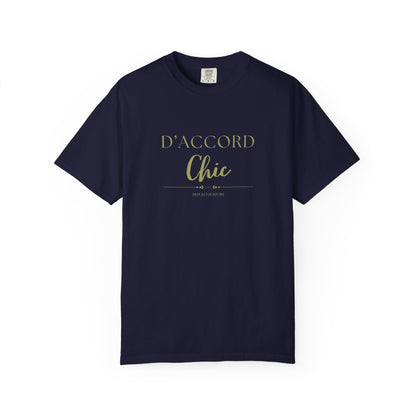 Navy blue t-shirt with a decorative cross design on a white background