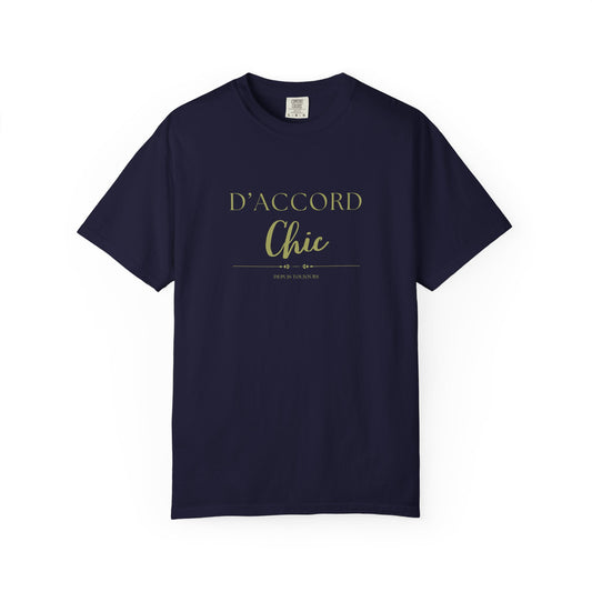 Navy blue t-shirt with a decorative cross design on a white background