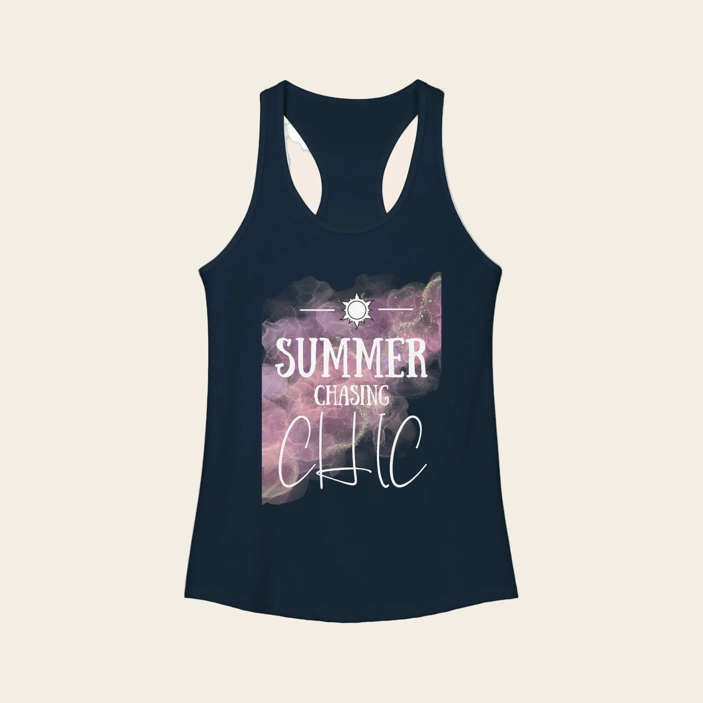 A navy blue racerback tank top with a graphic print on the front. The print features a purple and pink galaxy design with the text 'SUMMER CHASING CHIC' in white, along with a small sun icon at the top.