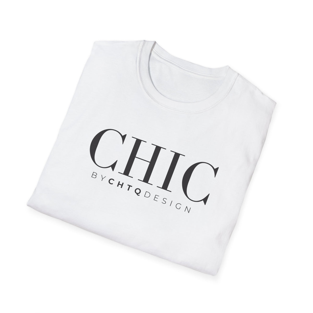 Folded CHIC by CHTQ Design Women’s Graphic T-Shirt in white with black typography visible on the front. 