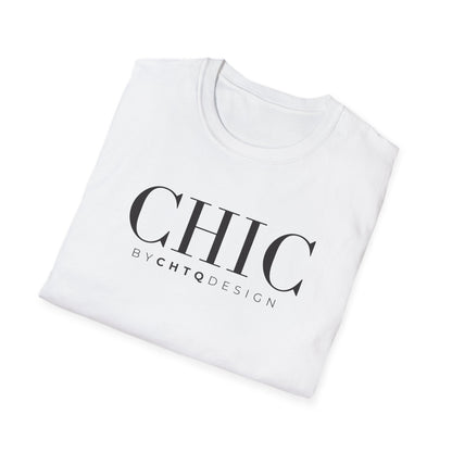 Folded CHIC by CHTQ Design Women’s Graphic T-Shirt in white with black typography visible on the front. 