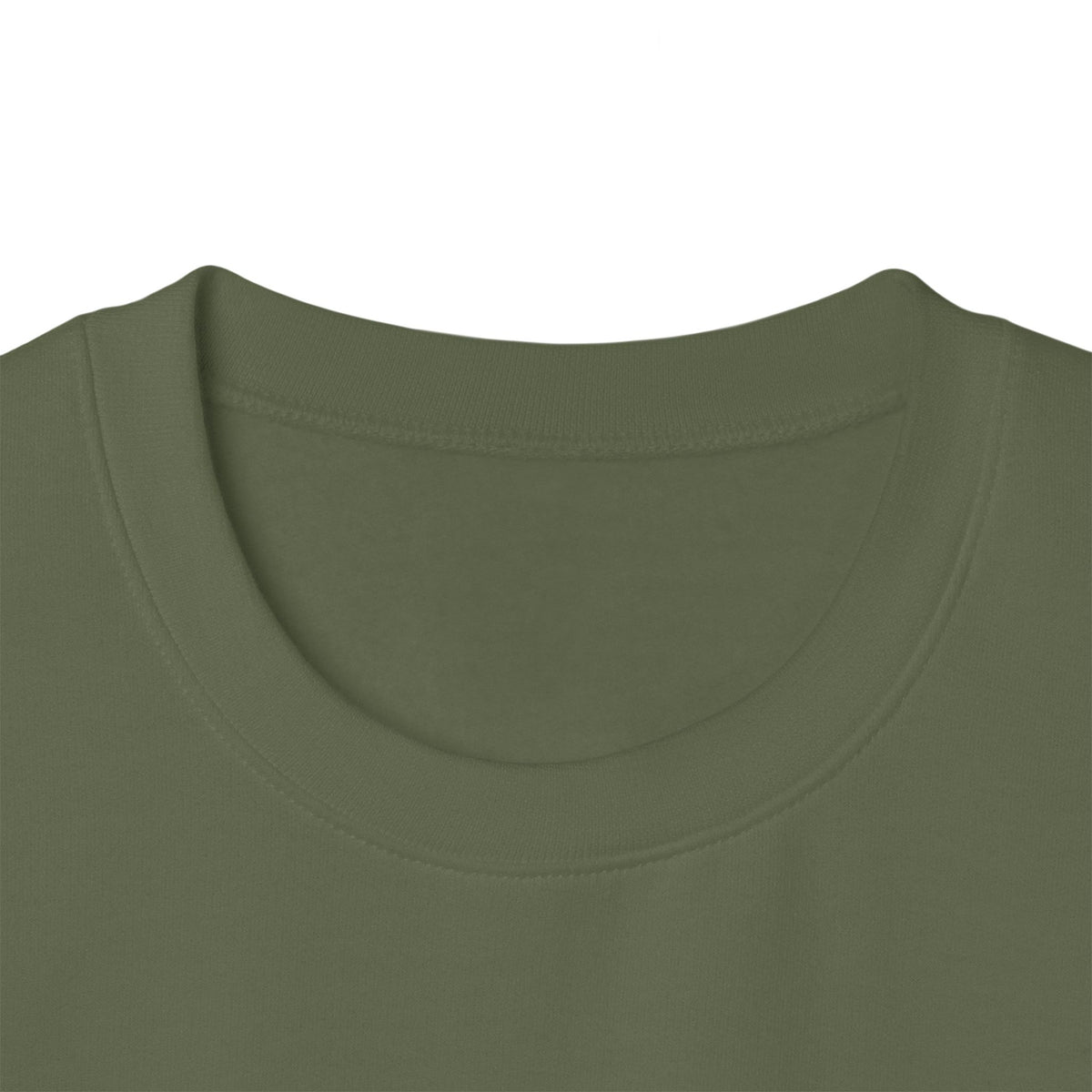Close-up of a crew-neck Military green AUTHENTICHAOS sweatshirt, military green, showing the collar stitching and neckline against a plain white background.