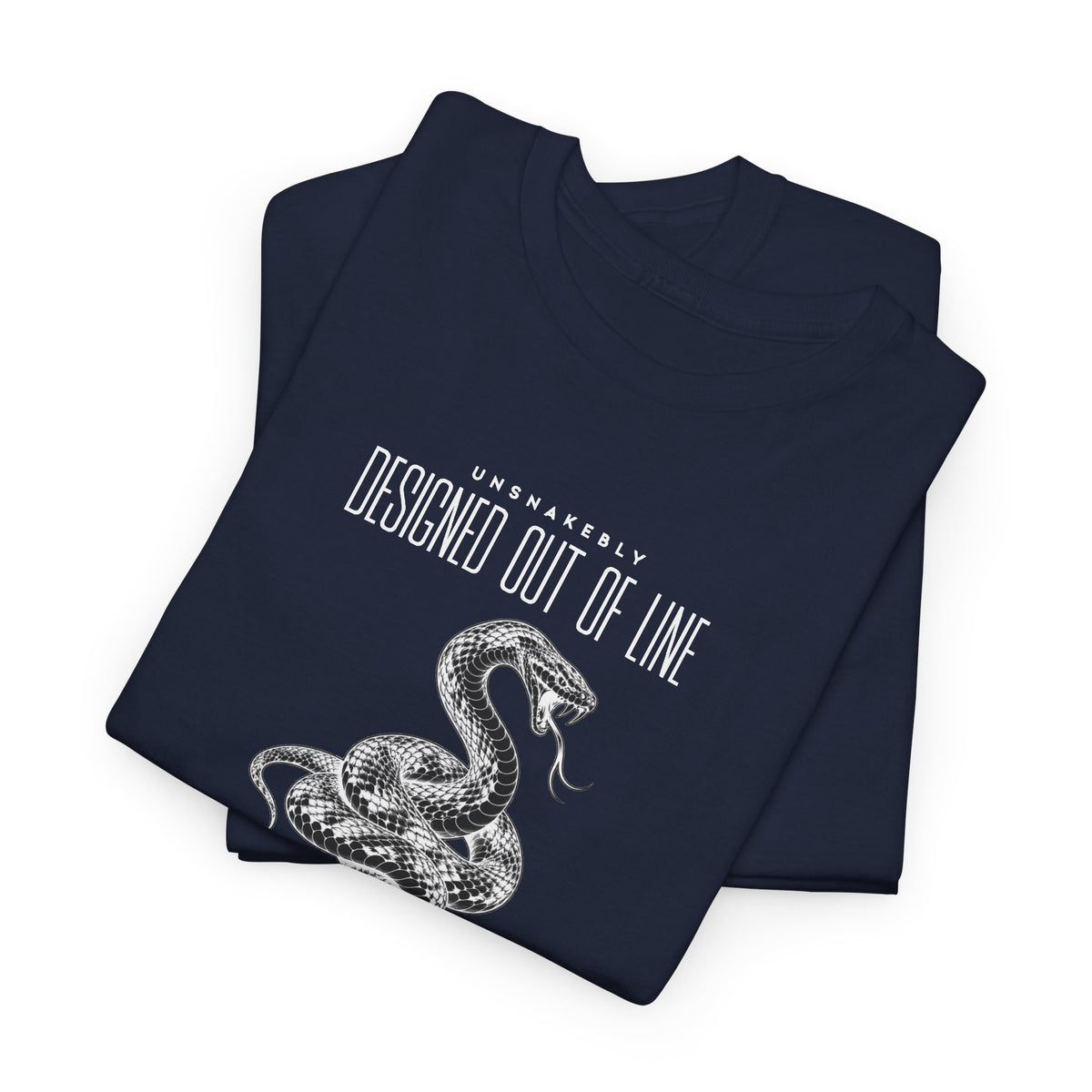 Folded navy blue UNSNAKEBLY graphic T-shirt showing the snake illustration and printed typography.