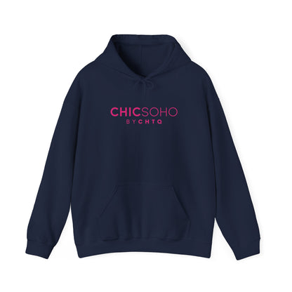 Navy blue pullover hoodie with a pink CHICSOHO BY CHTQ logo printed on the chest, displayed on a clean white background.