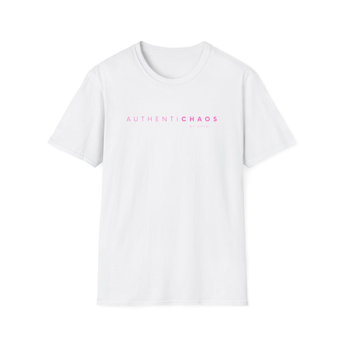 A white short-sleeve crewneck T-shirt featuring minimalist AuthentiCHAOS by CHTQ typography on the front.
