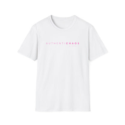 A white short-sleeve crewneck T-shirt featuring minimalist AuthentiCHAOS by CHTQ typography on the front.