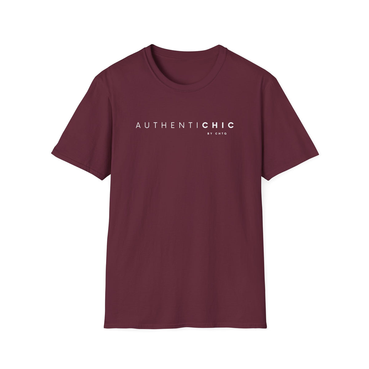 Maroon AuthentiCHIC graphic T-shirt with white typography, displayed on a clean white background.