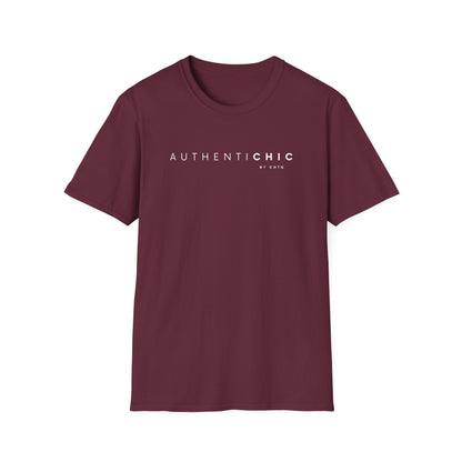 Maroon AuthentiCHIC graphic T-shirt with white typography, displayed on a clean white background.