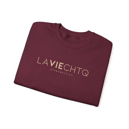 Folded maroon LA VIE CHTQ Sweatshirt by CHTQ Design with gold “LA VIE CHTQ” and “BY CHTQ DESIGN” chest print, displayed against a clean white background.