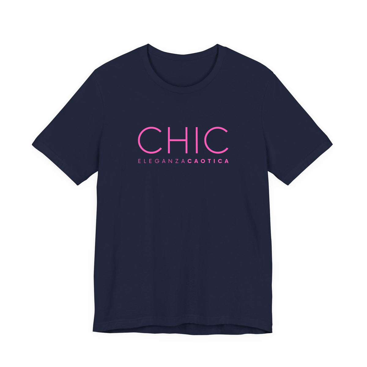 Black graphic T-shirt with pink 'CHIC ELEGANZA CAOTICA' typography on a neutral gray studio background.