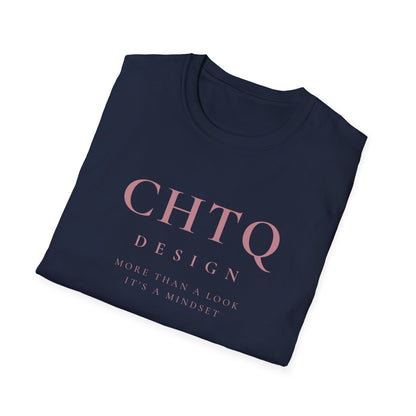 A folded blue CHTQ Design graphic T-shirt with pink “CHTQ DESIGN” and “More Than a Look, It’s a Mindset” text on the front, displayed on a white background.