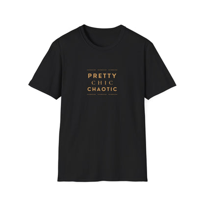 A black short-sleeve graphic T-shirt with 'Pretty Chic Chaotic' printed in gold on the front, displayed against a plain white background.