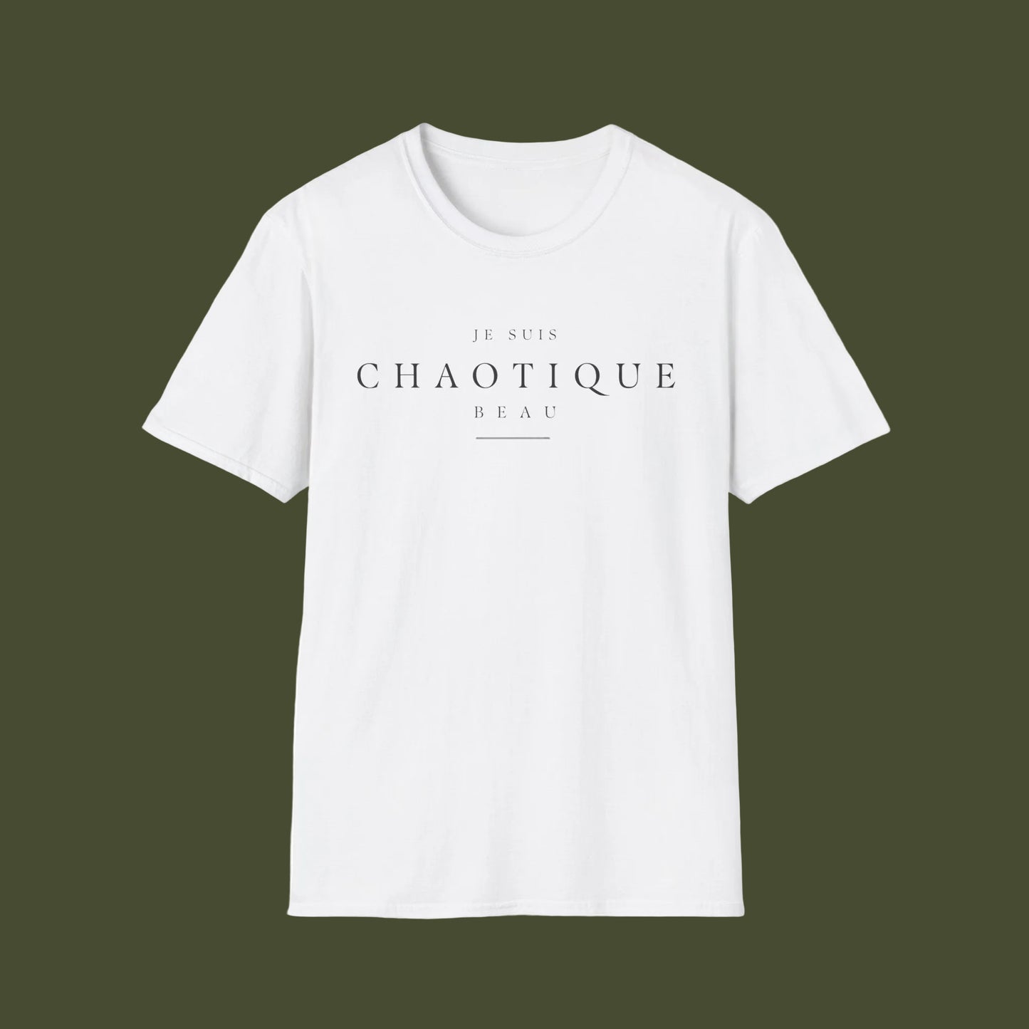 White t-shirt with 'Je Suis Chaotique' logo on a black background