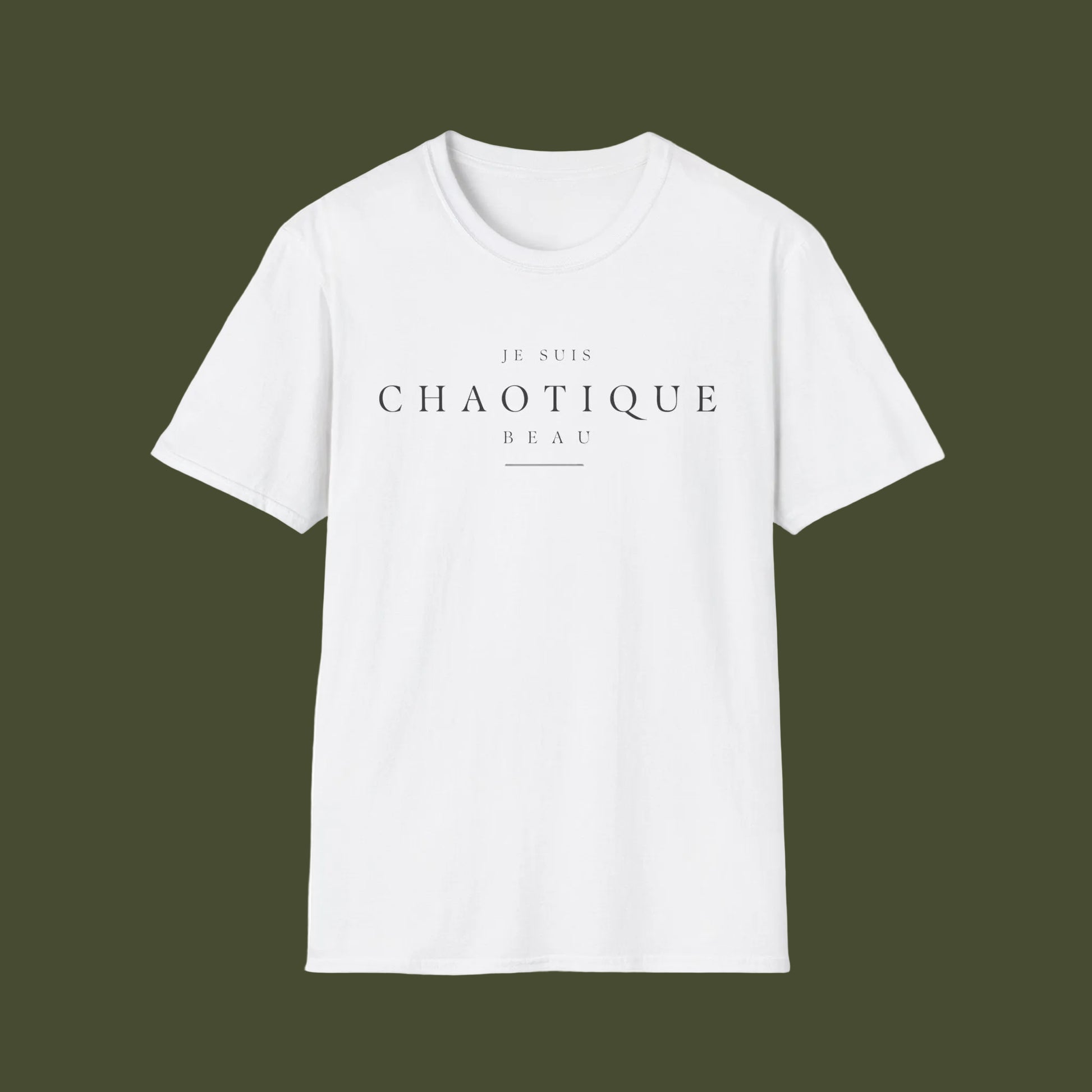 White t-shirt with 'Je Suis Chaotique' logo on a black background