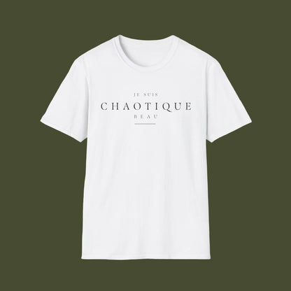 White t-shirt with 'Je Suis Chaotique' logo on a black background