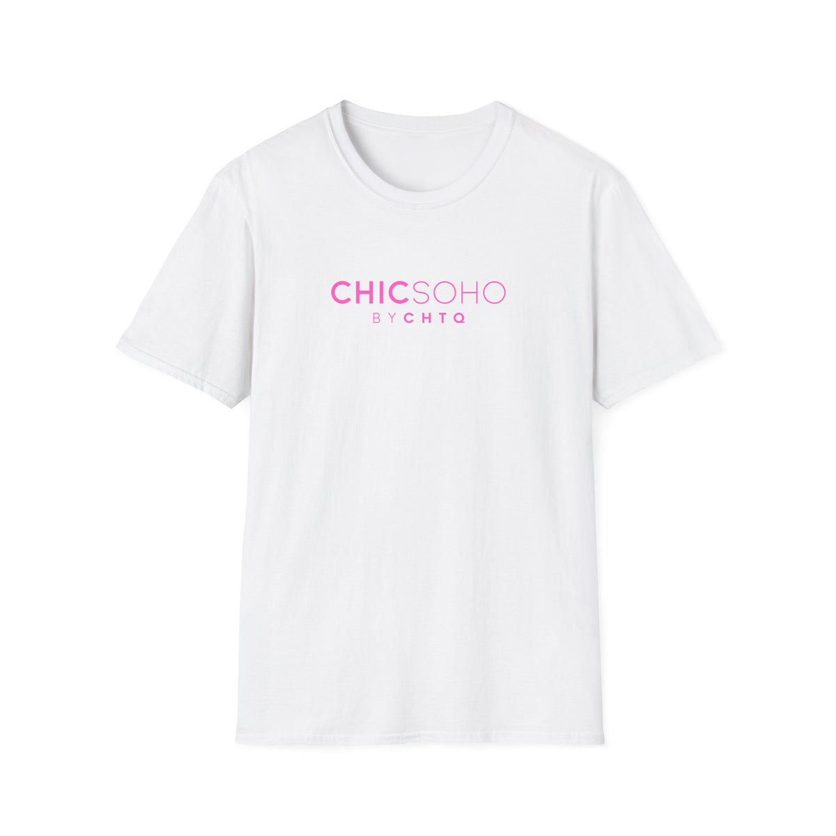 White CHICSOHO graphic T-shirt with pink BY CHTQ logo print, short sleeves and crew neckline, displayed on a clean white background.