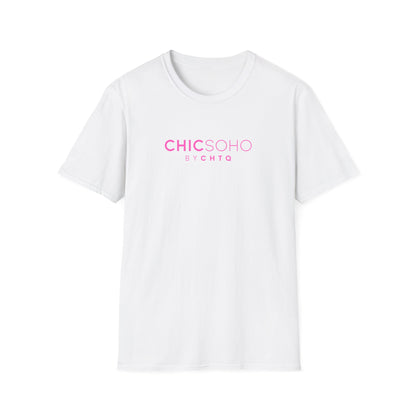White CHICSOHO graphic T-shirt with pink BY CHTQ logo print, short sleeves and crew neckline, displayed on a clean white background.