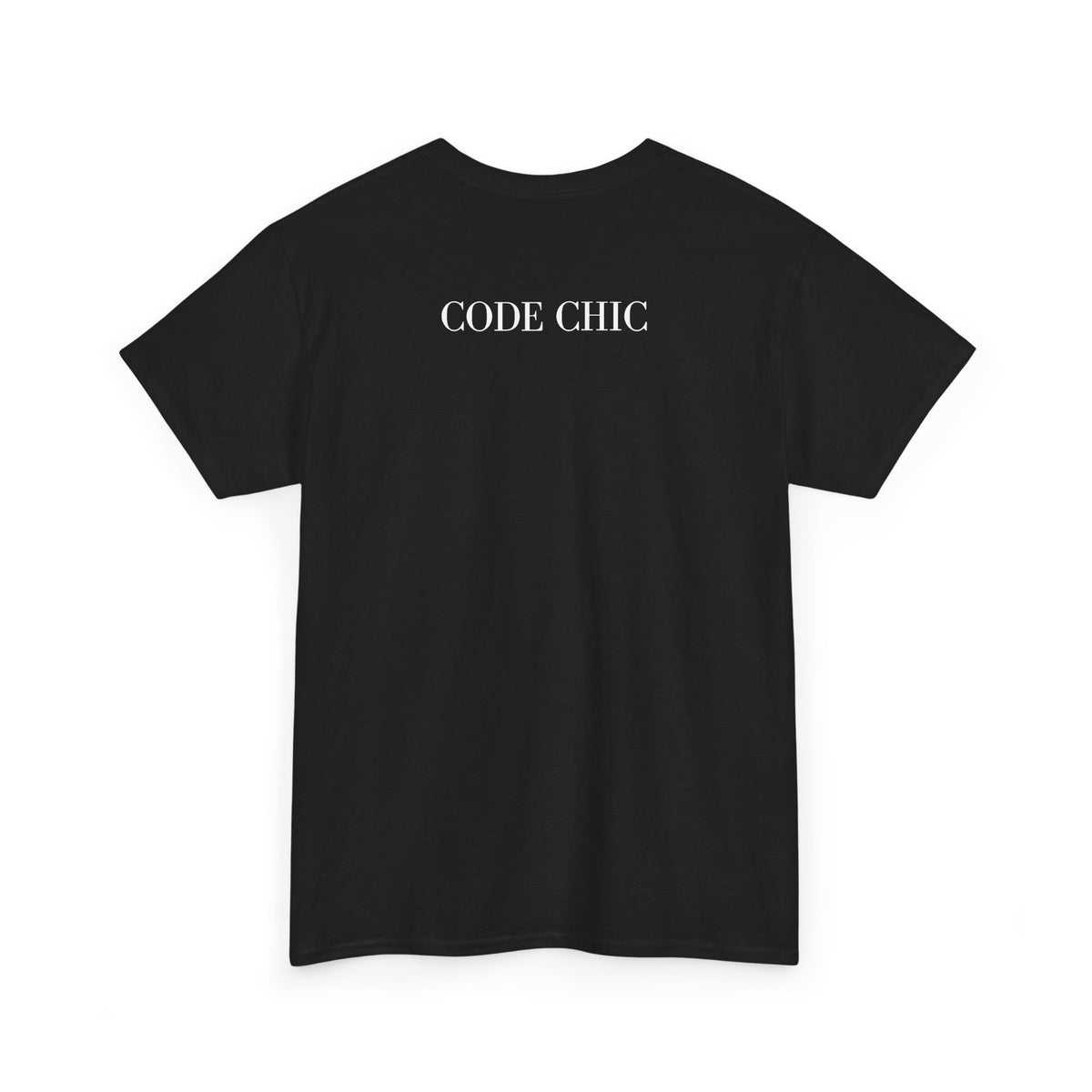 A black short-sleeve crewneck T-shirt shown from the back, featuring “CODE CHIC” printed in white across the upper back, displayed against a plain white background.
