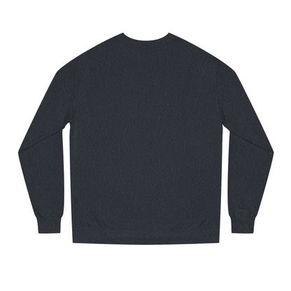 Backview of Navy blue D’Accord BEAU men's crewneck sweatshirt with dark navy typography and CHTQ Design logo on the front.