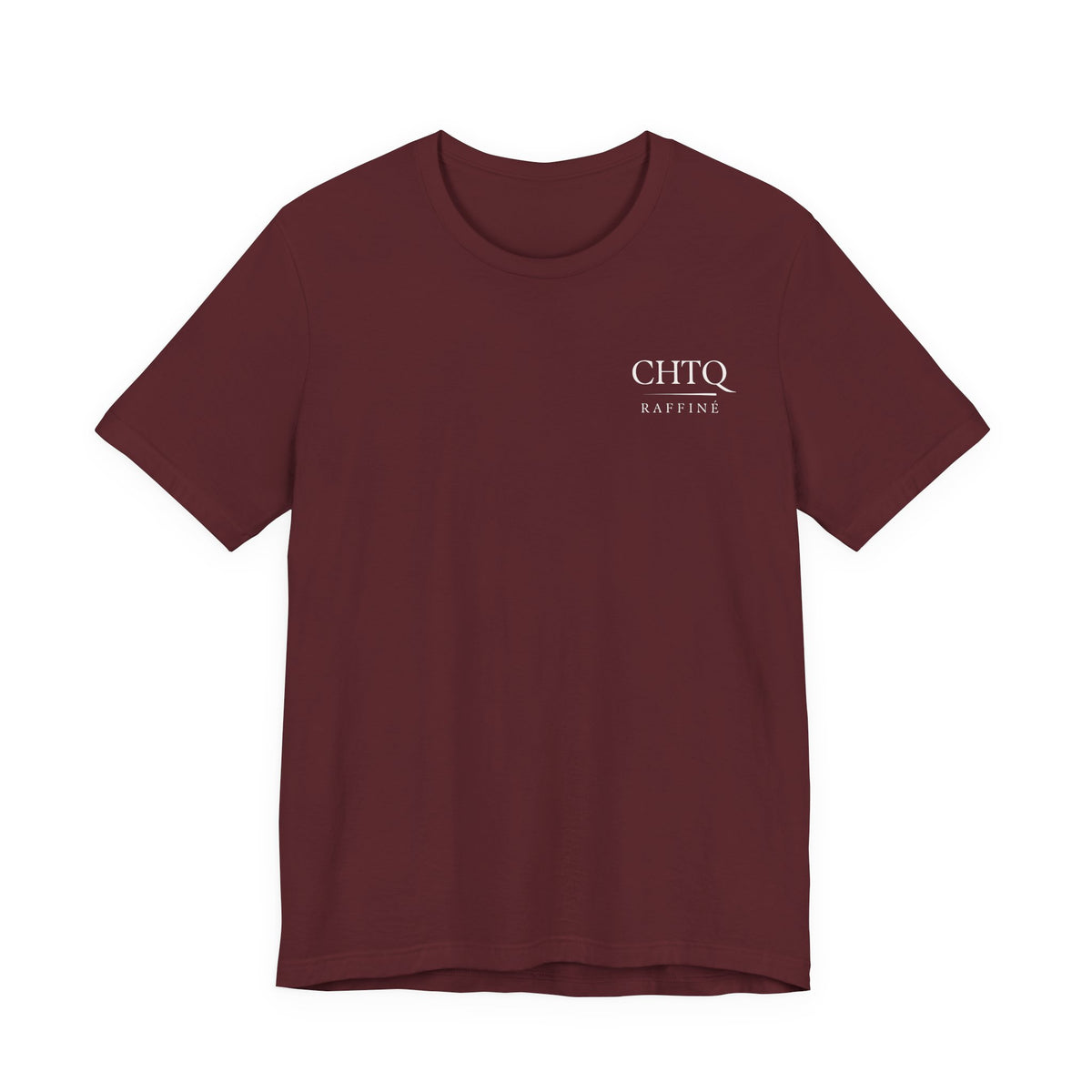 Maroon t-shirt with a text CHTQ Raffine on chest on a white background