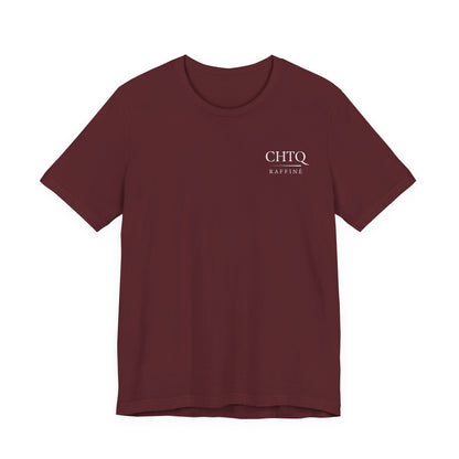 Maroon t-shirt with a text CHTQ Raffine on chest on a white background