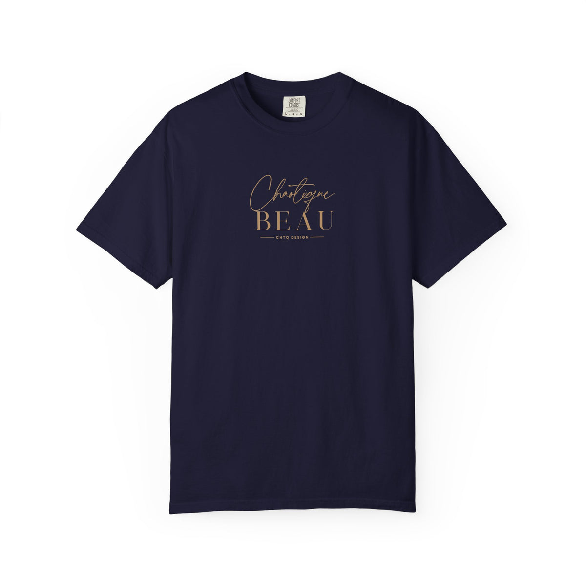 Navy Chaotique Beau CHTQ Design graphic T-shirt with a gold-toned front print, shown against a white background.