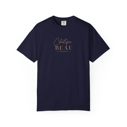 Navy Chaotique Beau CHTQ Design graphic T-shirt with a gold-toned front print, shown against a white background.
