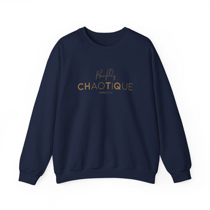 Navy Roughly Chaotique crewneck sweatshirt with gold typography and CHTQ Design signature on the front, displayed against a clean white background.