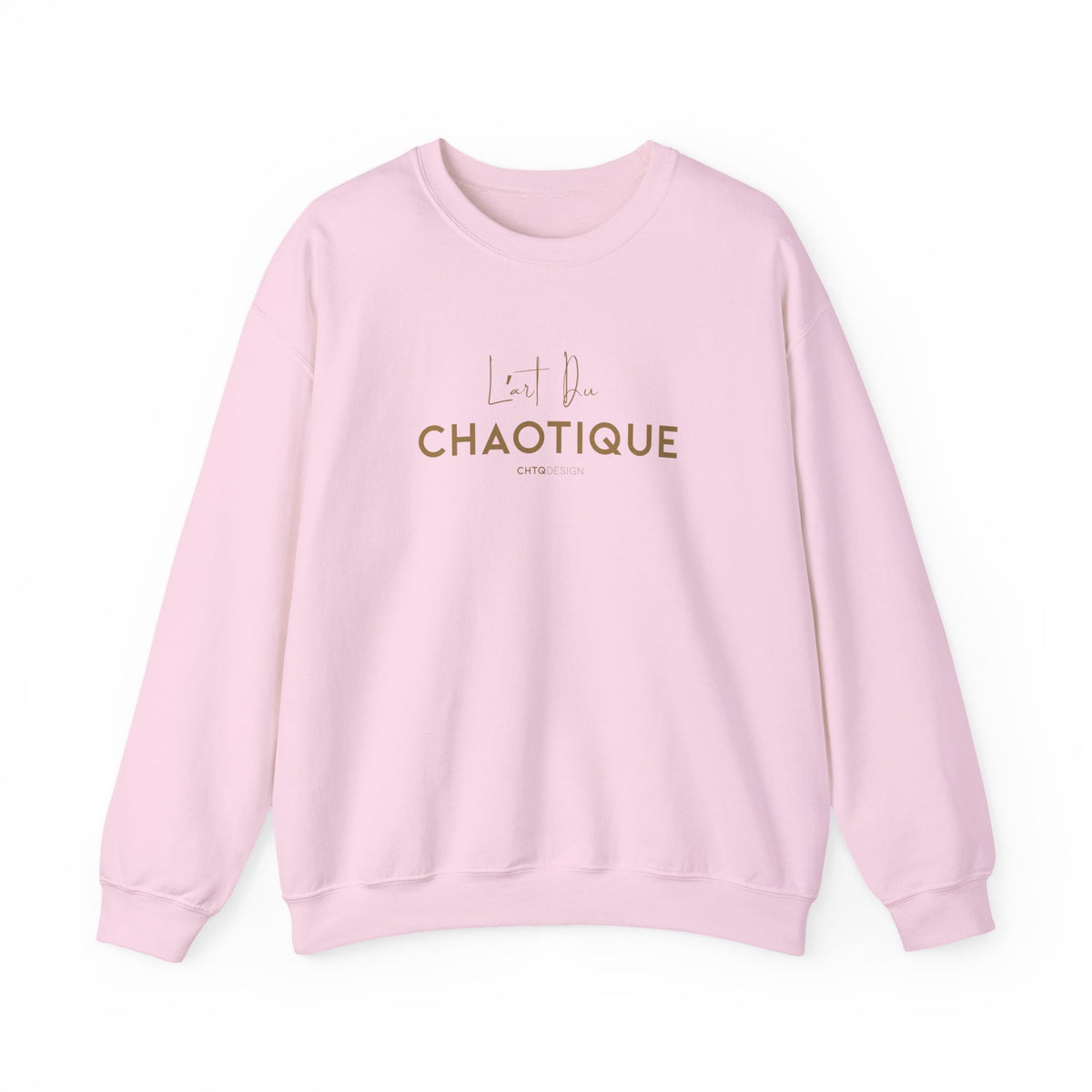 Light pink L’ART DU CHAOTIQUE crewneck sweatshirt with golden minimalist front typography, displayed against a clean white background.