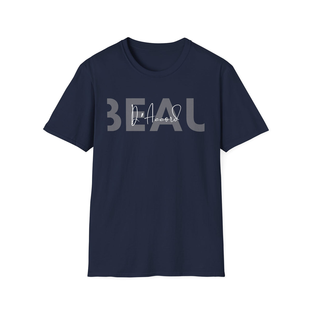 Navy blue BEAU D’Accord graphic T-shirt featuring large grey BEAU lettering with white handwritten D’Accord script across the chest.