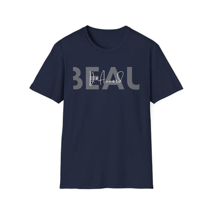 Navy blue BEAU D’Accord graphic T-shirt featuring large grey BEAU lettering with white handwritten D’Accord script across the chest.