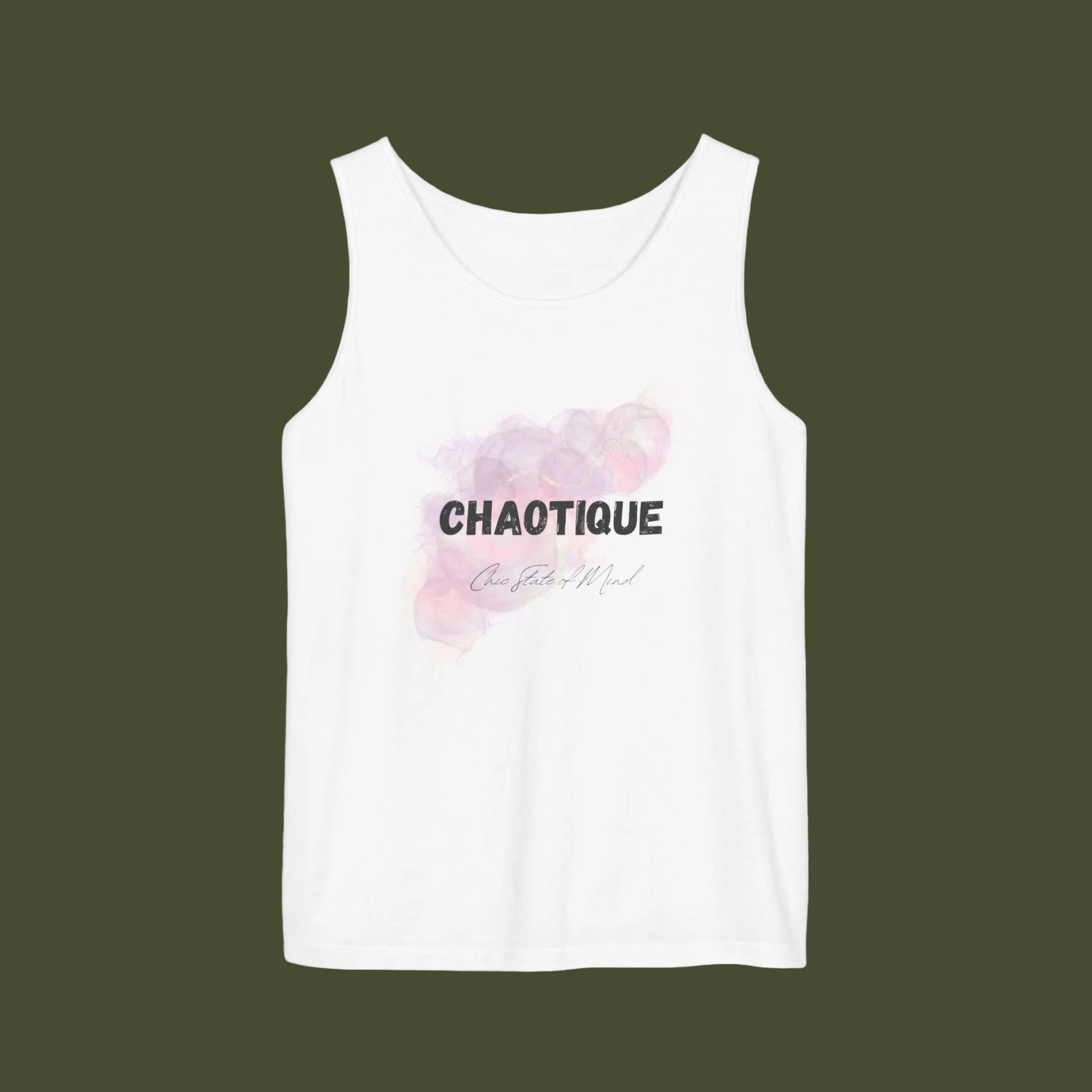 White tank top with pink floral design and 'CHAOTIQUE' text on a white background