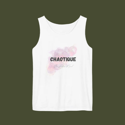 White tank top with pink floral design and 'CHAOTIQUE' text on a white background