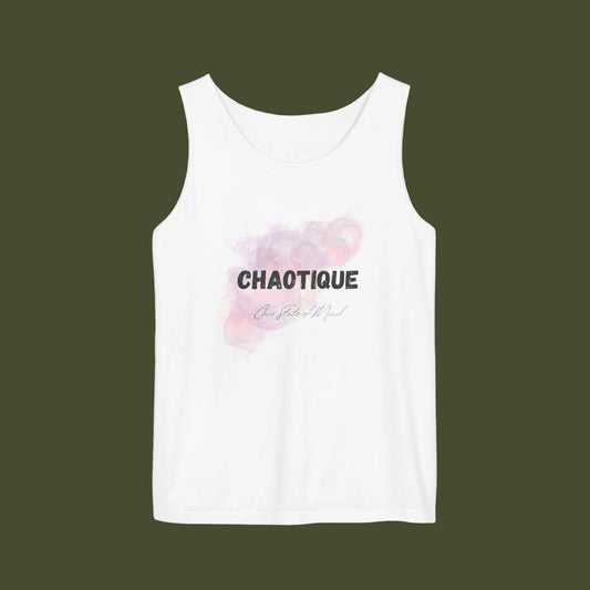 White tank top with pink floral design and 'CHAOTIQUE' text on a white background