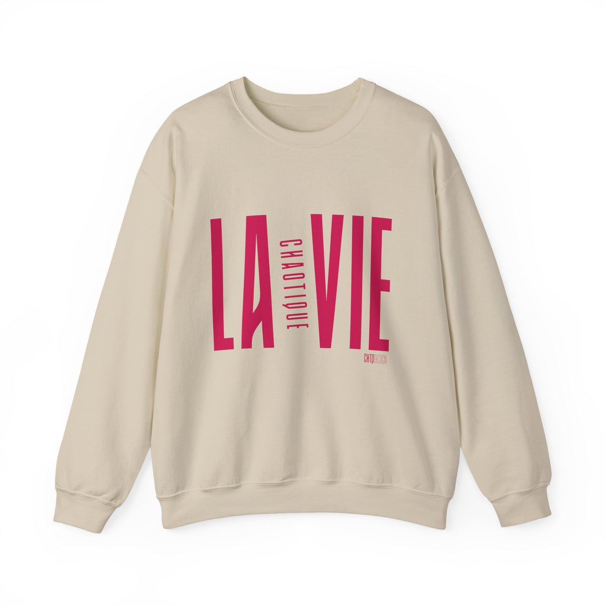 Woman modelling the plain back of sand LA VIE CHAOTIQUE crewneck sweatshirt