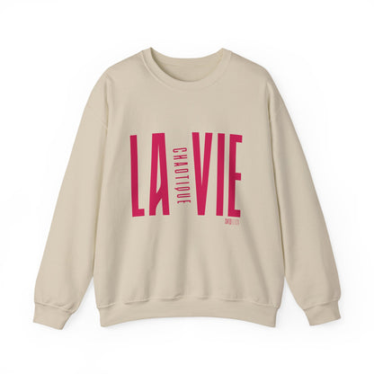 Woman modelling the plain back of sand LA VIE CHAOTIQUE crewneck sweatshirt